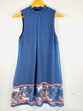 Coastal Sleeveless mock neck mini dress geometric/paisley blue multicolor preppy